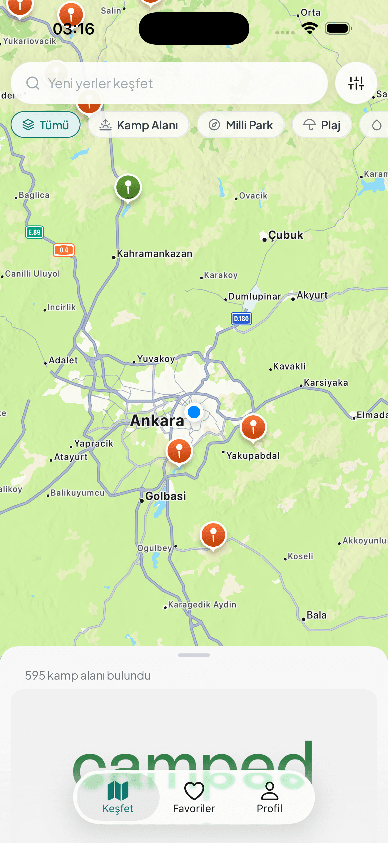 Camped kesif haritasi ekrani